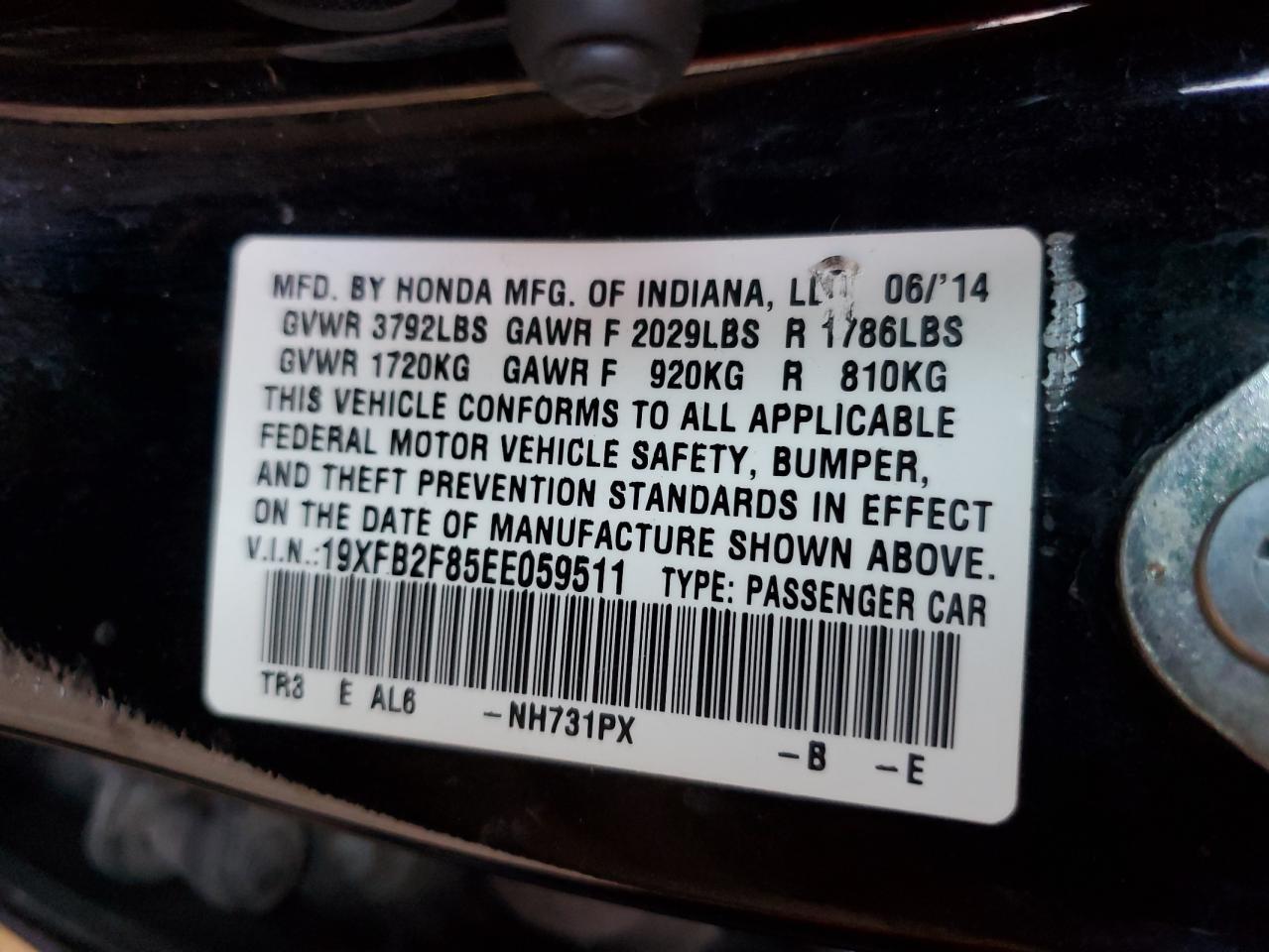 2014 Honda Civic Ex VIN: 19XFB2F85EE05951X Lot: 55090335