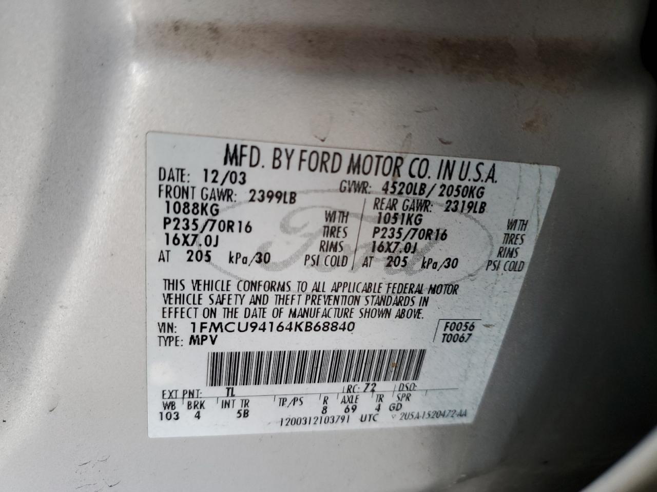 2004 Ford Escape Limited VIN: 1FMCU94164KB68840 Lot: 56626065