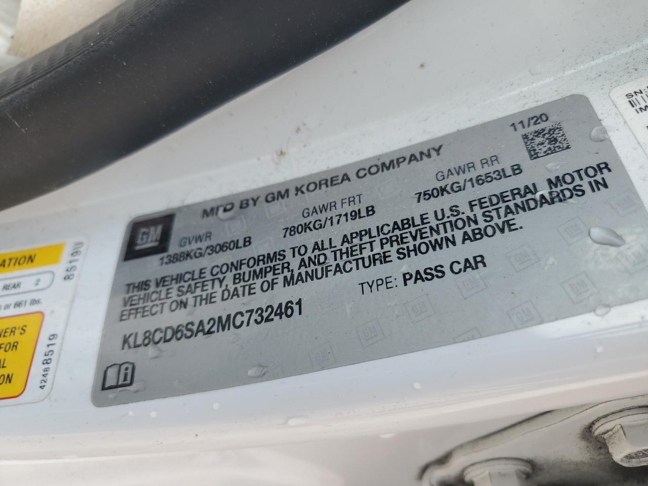 2021 Chevrolet Spark 1Lt VIN: KL8CD6SA2MC732461 Lot: 48052925