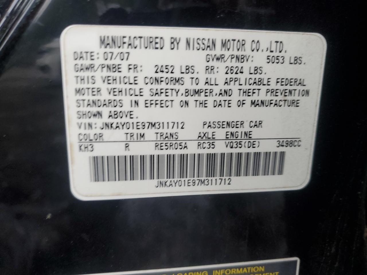 2007 Infiniti M35 Base VIN: JNKAY01E97M311712 Lot: 57100665