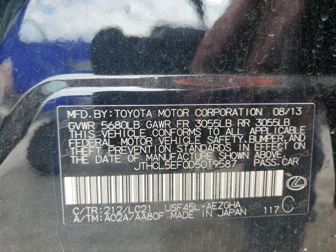 2013 Lexus Ls 460 VIN: JTHCL5EF0D5019587 Lot: 56037955