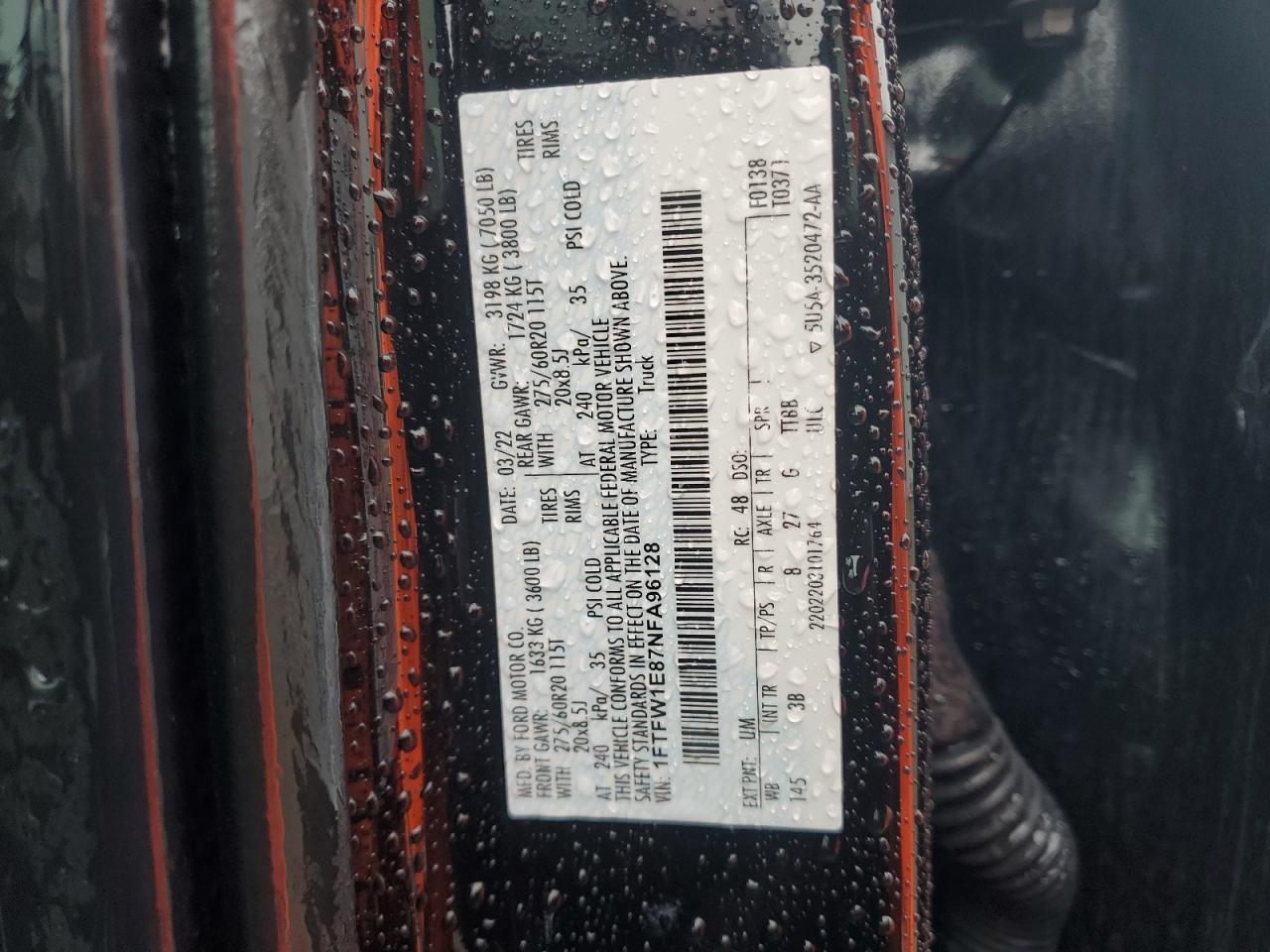 2022 Ford F150 Supercrew VIN: 1FTFW1E87NFA96128 Lot: 57584925