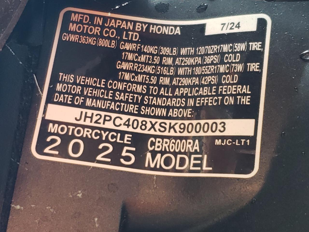 2025 Honda Cbr600 Ra VIN: JH2PC408XSK900003 Lot: 57138675