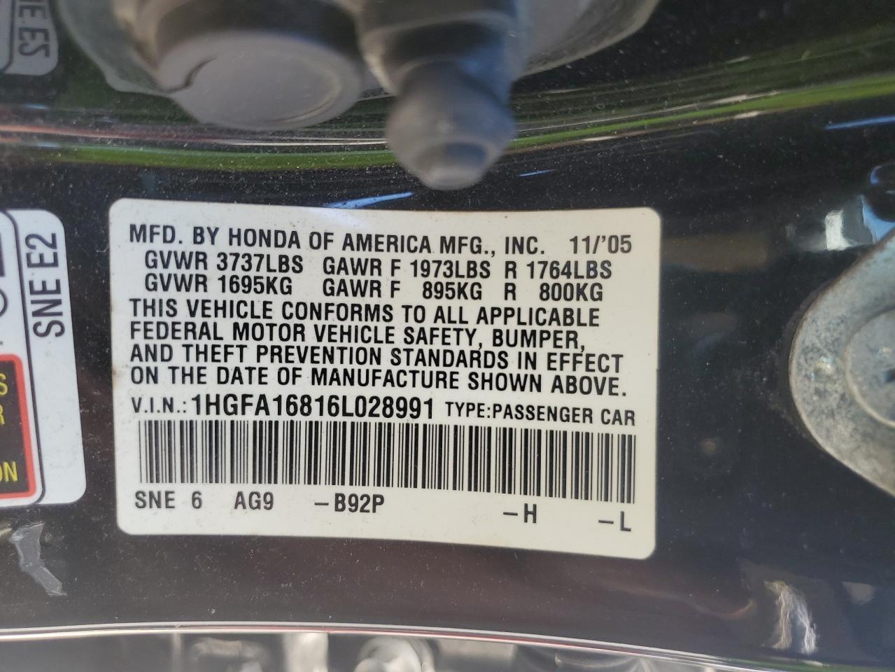 1HGFA16816L028991 2006 Honda Civic Ex