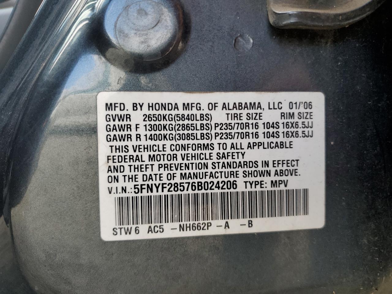 2006 Honda Pilot Ex VIN: 5FNYF28576B024206 Lot: 56974025