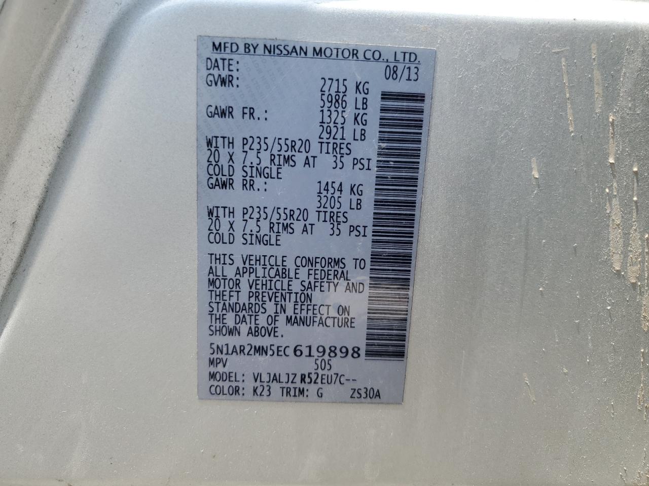 2014 Nissan Pathfinder S VIN: 5N1AR2MN5EC619898 Lot: 56954005
