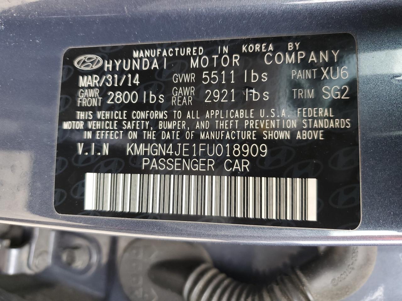 2015 Hyundai Genesis 3.8L VIN: KMHGN4JE1FU018909 Lot: 56866455