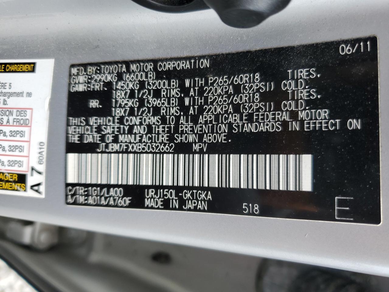 2011 Lexus Gx 460 VIN: JTJBM7FXXB5032662 Lot: 56728125