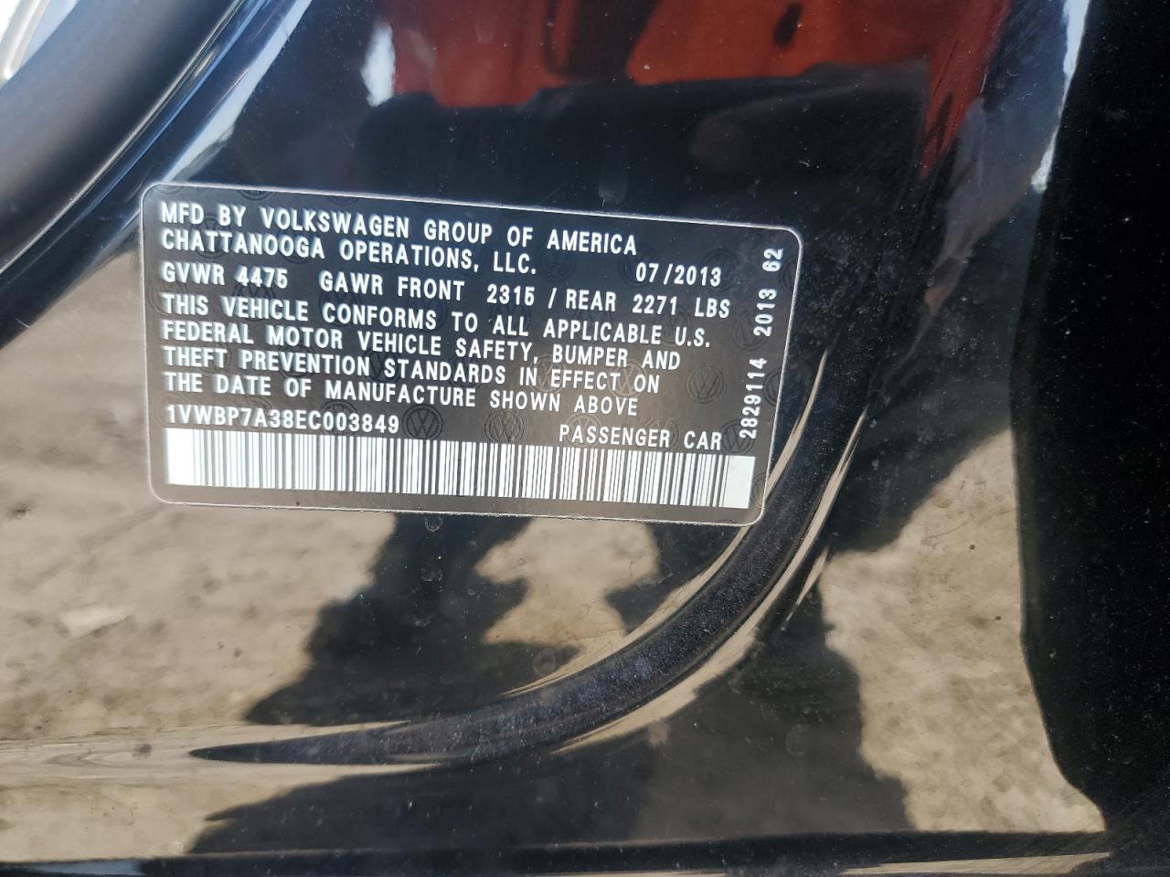 2014 Volkswagen Passat Se VIN: 1VWBP7A38EC003849 Lot: 57513335