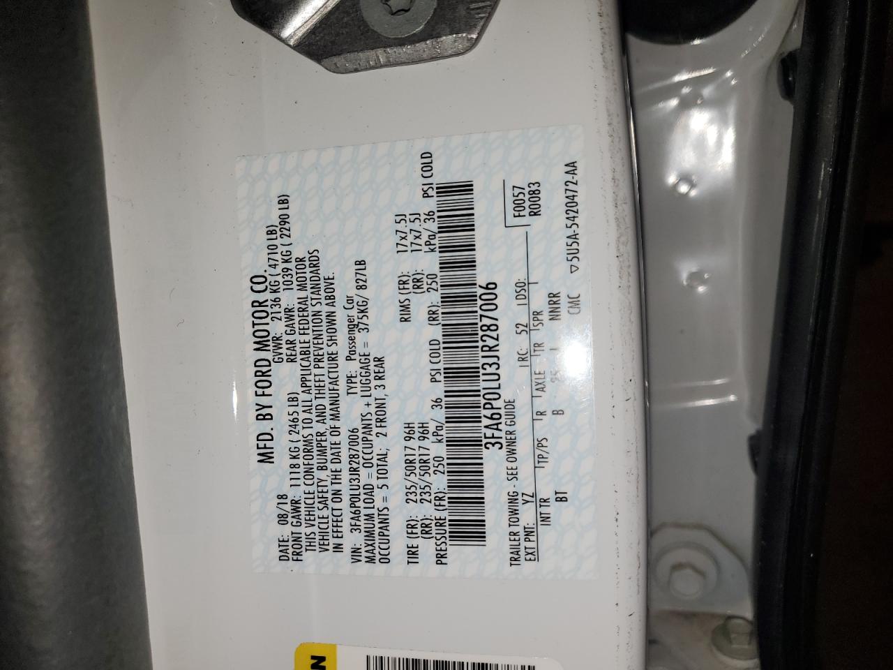 2018 Ford Fusion Se Hybrid VIN: 3FA6P0LU3JR287006 Lot: 54038795