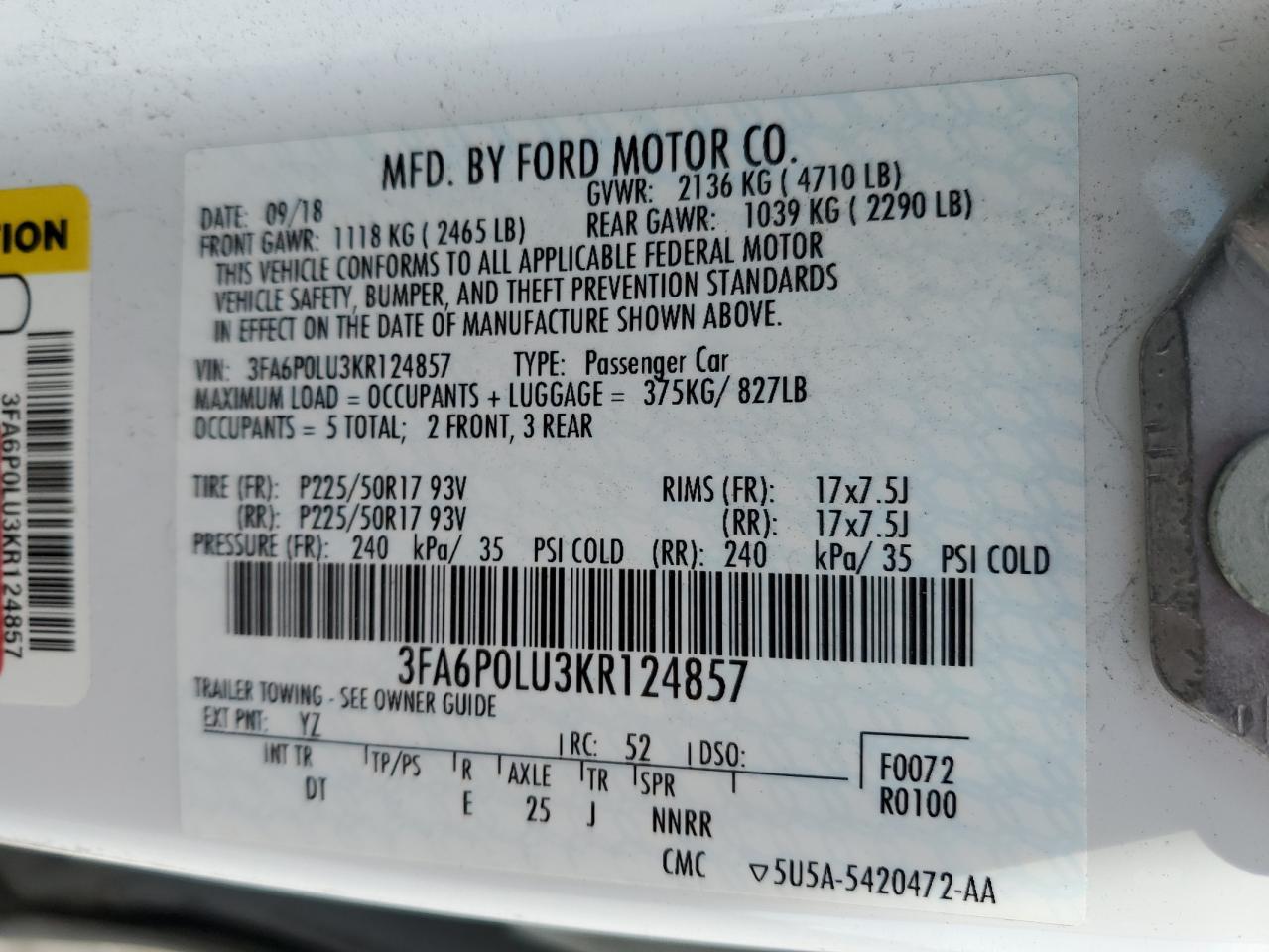 2019 Ford Fusion Se VIN: 3FA6P0LU3KR124857 Lot: 54025525