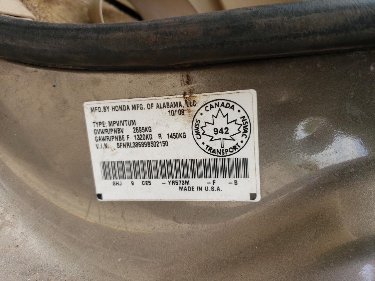 2009 Honda Odyssey Exl VIN: 5FNRL38689B502150 Lot: 58021275