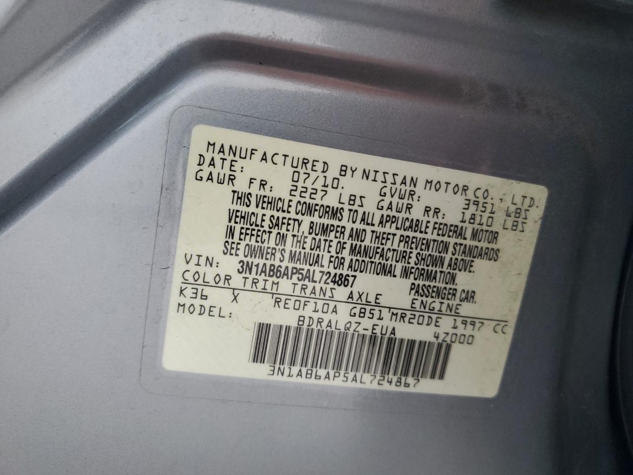 2010 Nissan Sentra 2.0 VIN: 3N1AB6AP5AL724867 Lot: 56725675