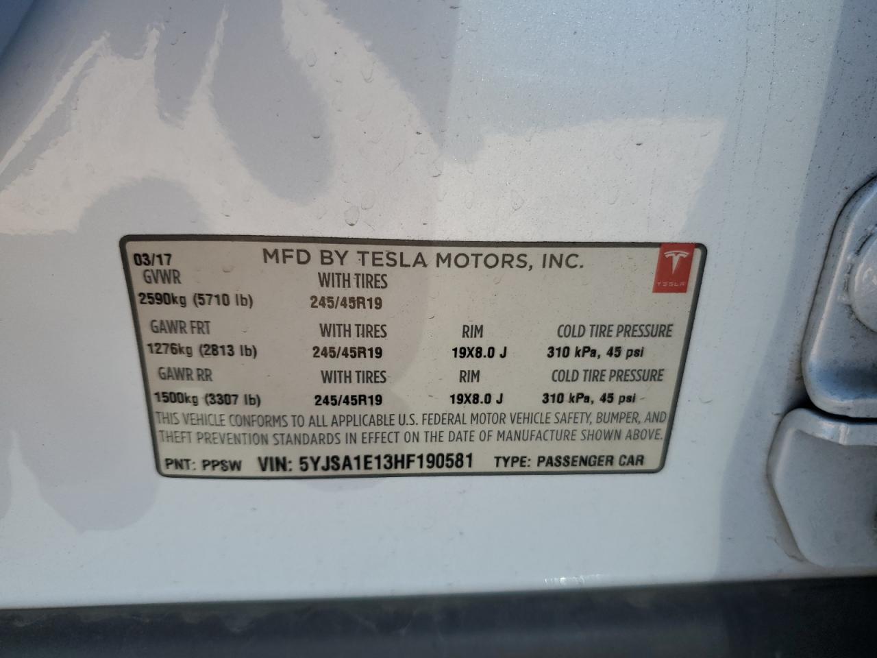 2017 Tesla Model S VIN: 5YJSA1E13HF190581 Lot: 57383595