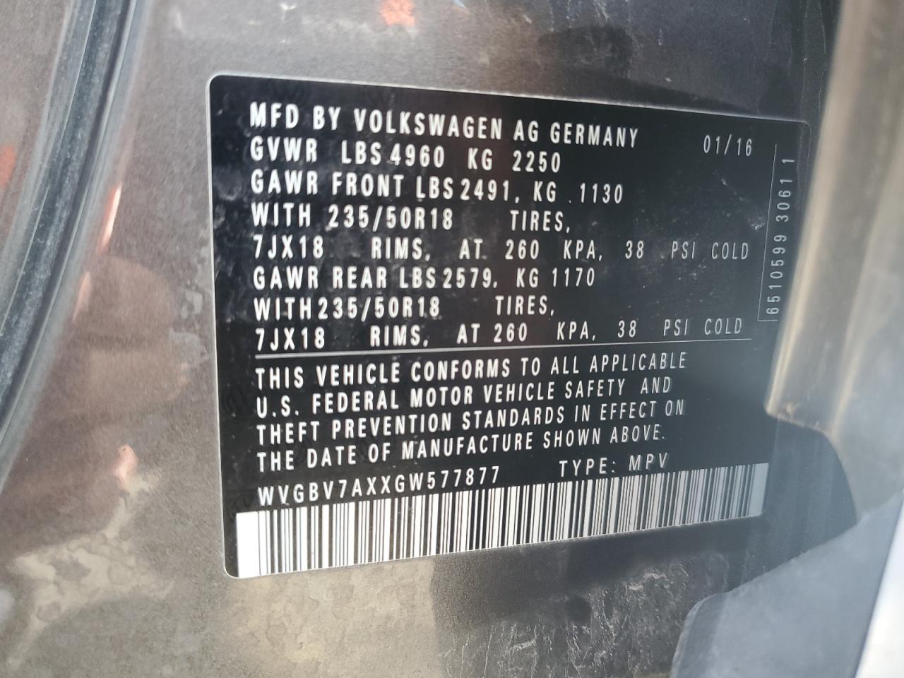 2016 Volkswagen Tiguan S VIN: WVGBV7AXXGW577877 Lot: 57255955