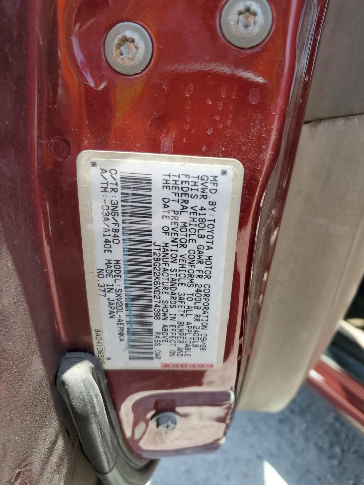 1999 Toyota Camry Le VIN: JT2BG22K6X0274398 Lot: 57263795