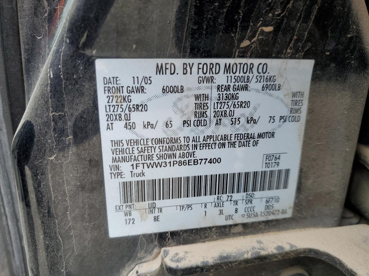2006 Ford F350 Srw Super Duty VIN: 1FTWW31P86EB77400 Lot: 55357395
