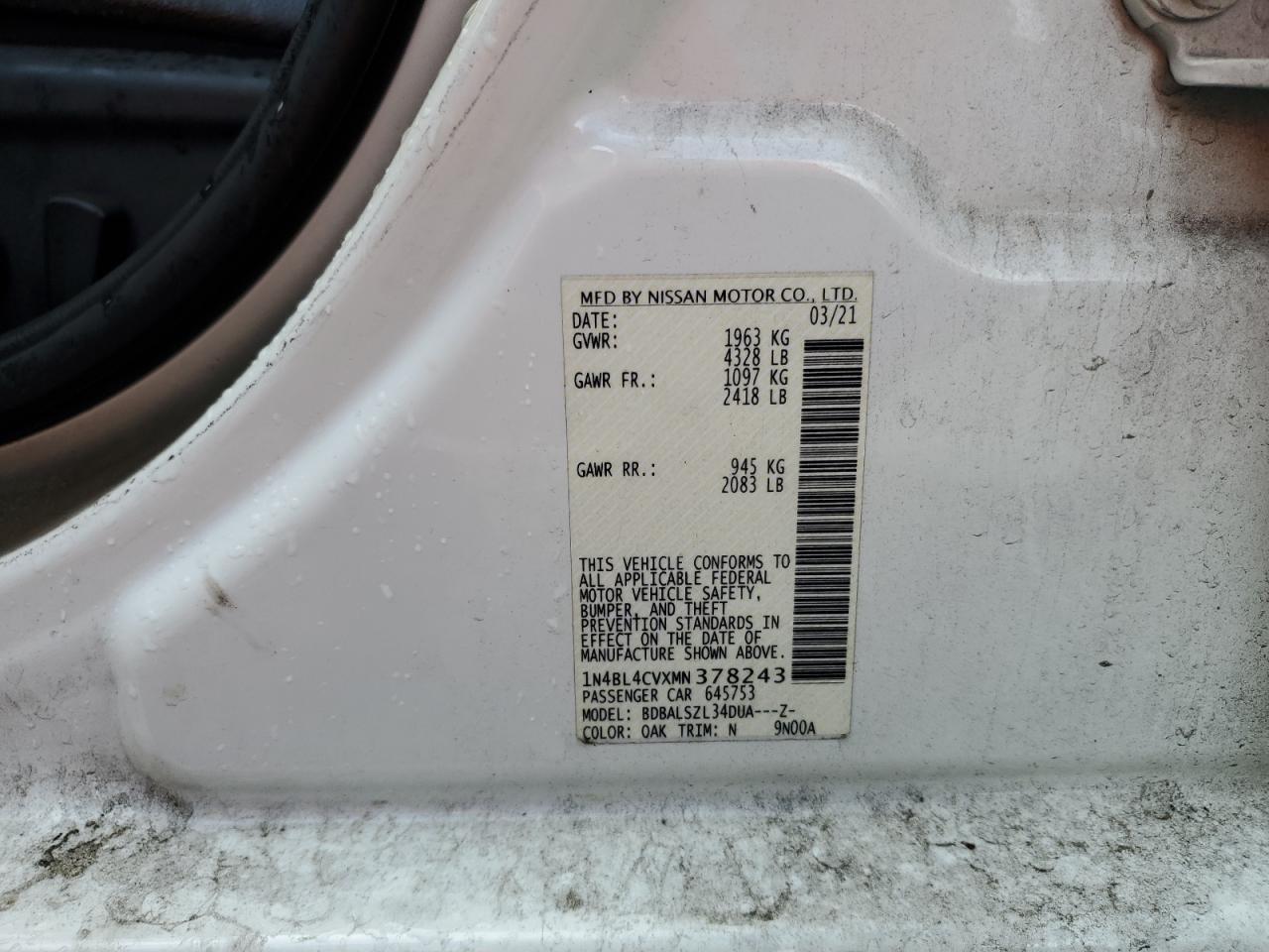 2021 Nissan Altima Sr VIN: 1N4BL4CVXMN378243 Lot: 56154405