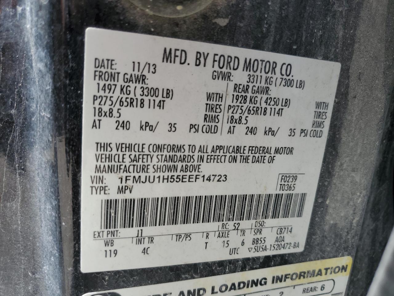 2014 Ford Expedition Xlt VIN: 1FMJU1H55EEF14723 Lot: 56455855