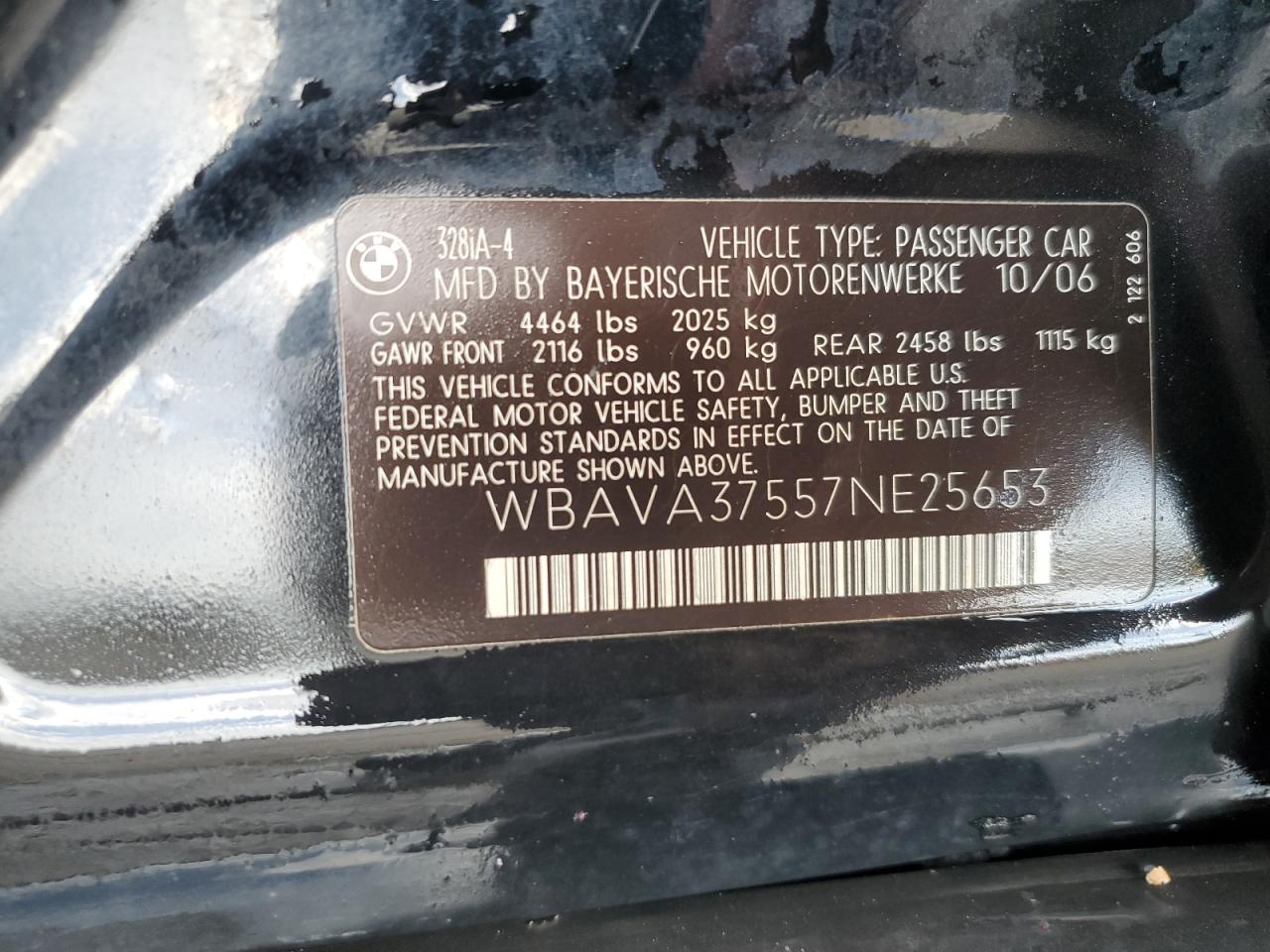 2007 BMW 328 I VIN: WBAVA37557NE25653 Lot: 56316375