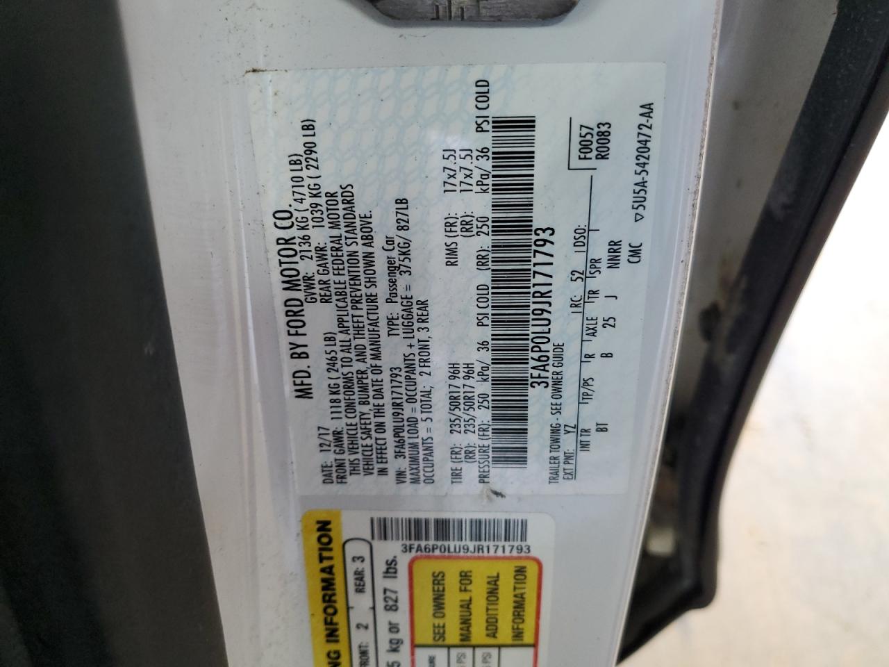 2018 Ford Fusion Se Hybrid VIN: 3FA6P0LU9JR171793 Lot: 54038465