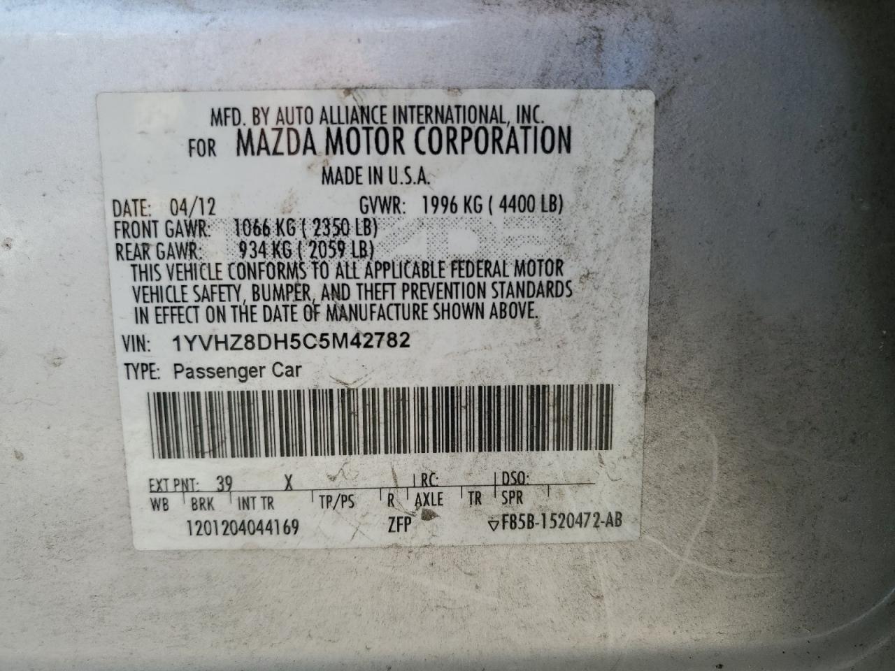 2012 Mazda 6 I VIN: 1YVHZ8DH5C5M42782 Lot: 56462725