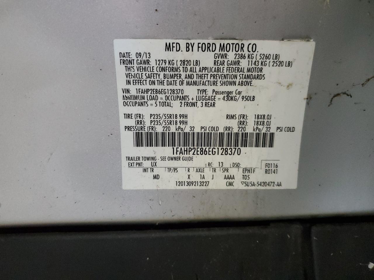2014 Ford Taurus Sel VIN: 1FAHP2E86EG128370 Lot: 58216645