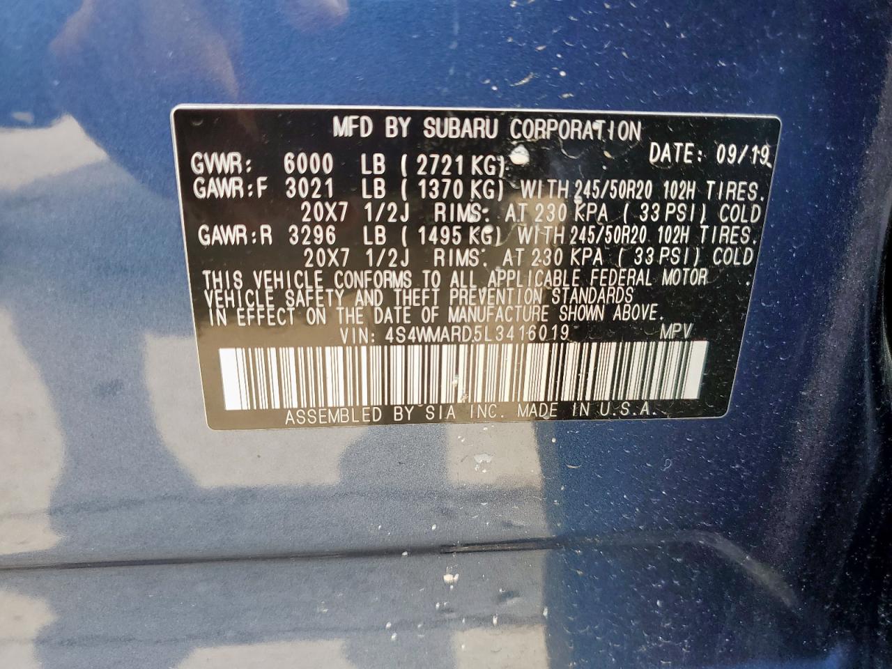 2020 Subaru Ascent Touring VIN: 4S4WMARD5L3416019 Lot: 57034055
