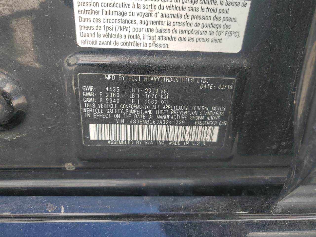 2010 Subaru Legacy 2.5I Premium VIN: 4S3BMBG63A3241229 Lot: 58169725
