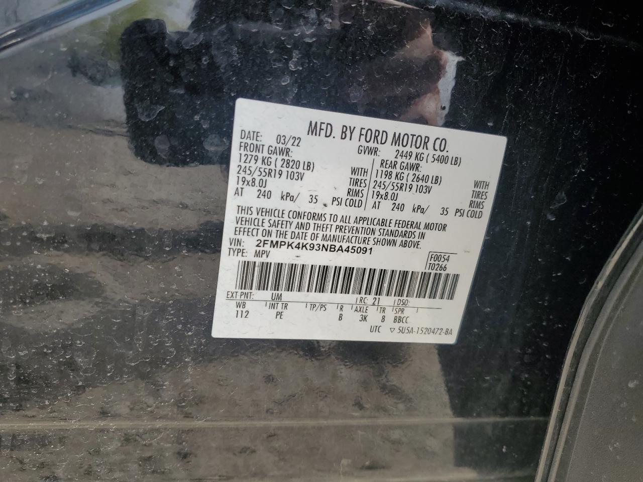 2022 Ford Edge Titanium VIN: 2FMPK4K93NBA45091 Lot: 56488505