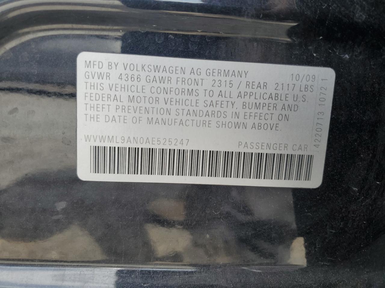2010 Volkswagen Cc Sport VIN: WVWML9AN0AE525247 Lot: 58101195