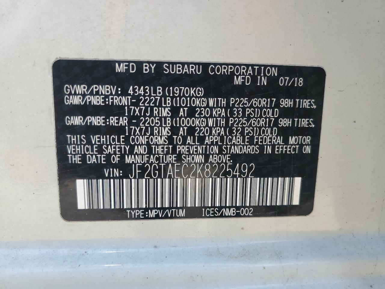 2019 Subaru Crosstrek Premium VIN: JF2GTAEC2K8225492 Lot: 55480215