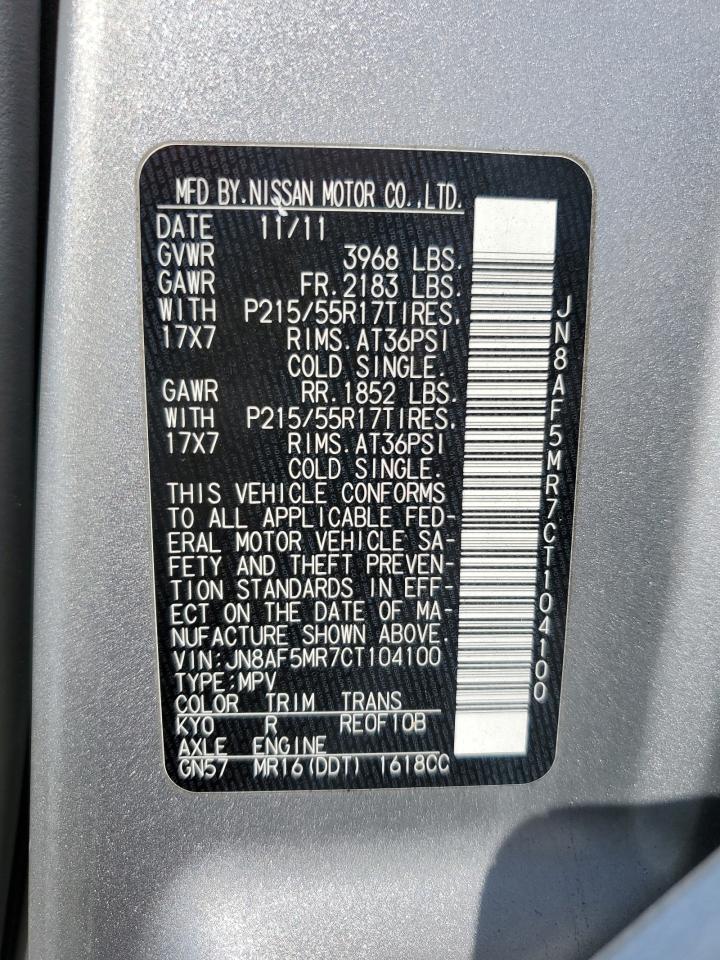 2012 Nissan Juke S VIN: JN8AF5MR7CT104100 Lot: 57029885