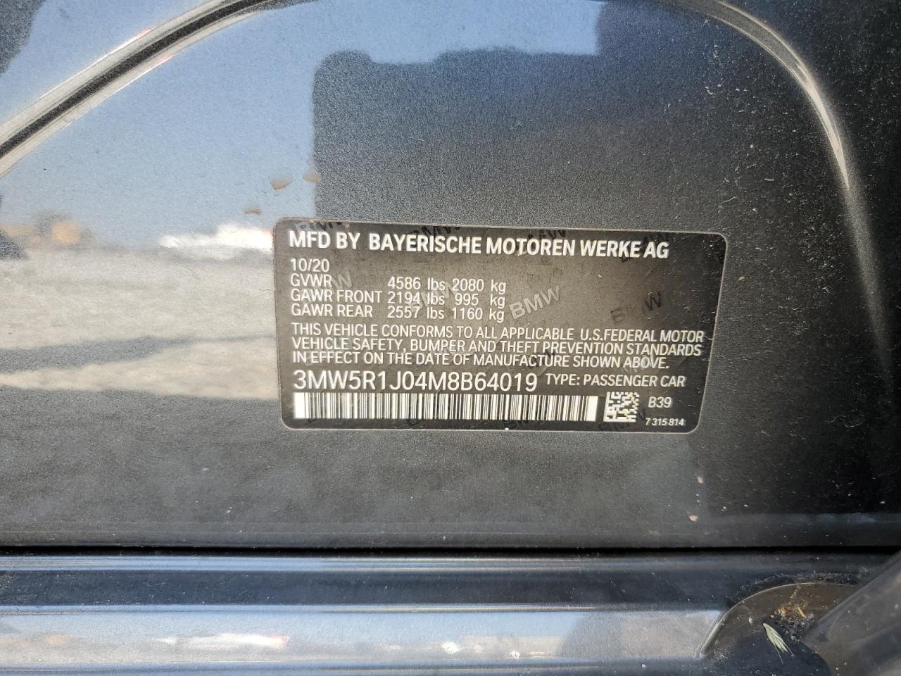 2021 BMW 330I VIN: 3MW5R1J04M8B64019 Lot: 57022245