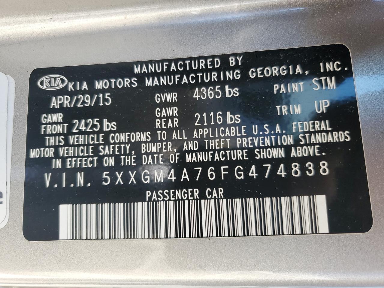2015 Kia Optima Lx VIN: 5XXGM4A76FG474838 Lot: 56856845