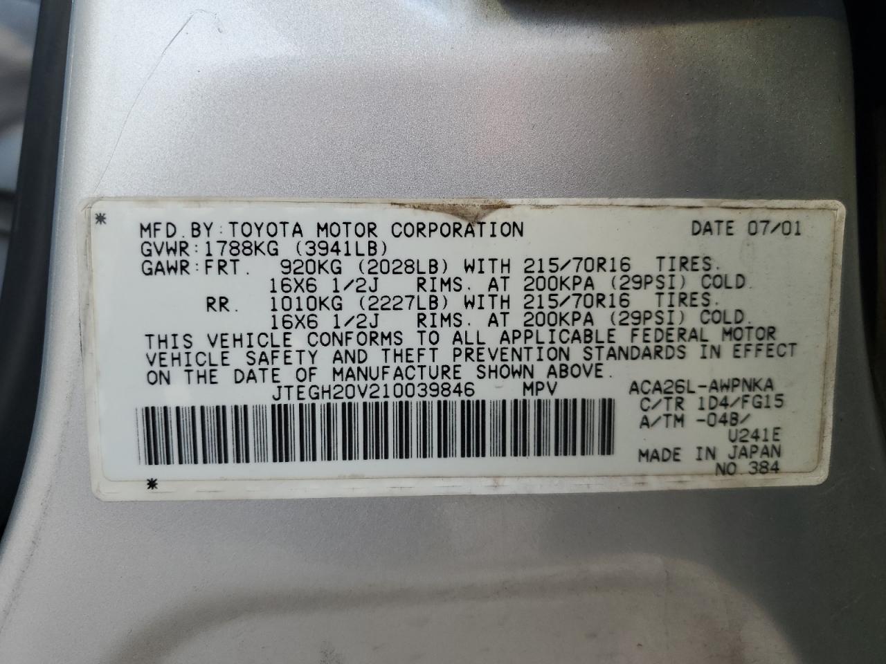 2001 Toyota Rav4 VIN: JTEGH20V210039846 Lot: 54929625