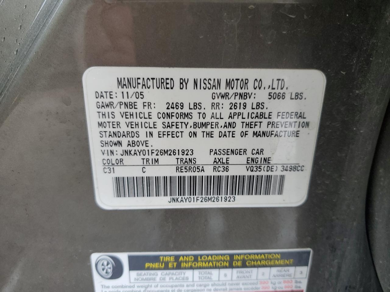 2006 Infiniti M35 Base VIN: JNKAY01F26M261923 Lot: 56524415