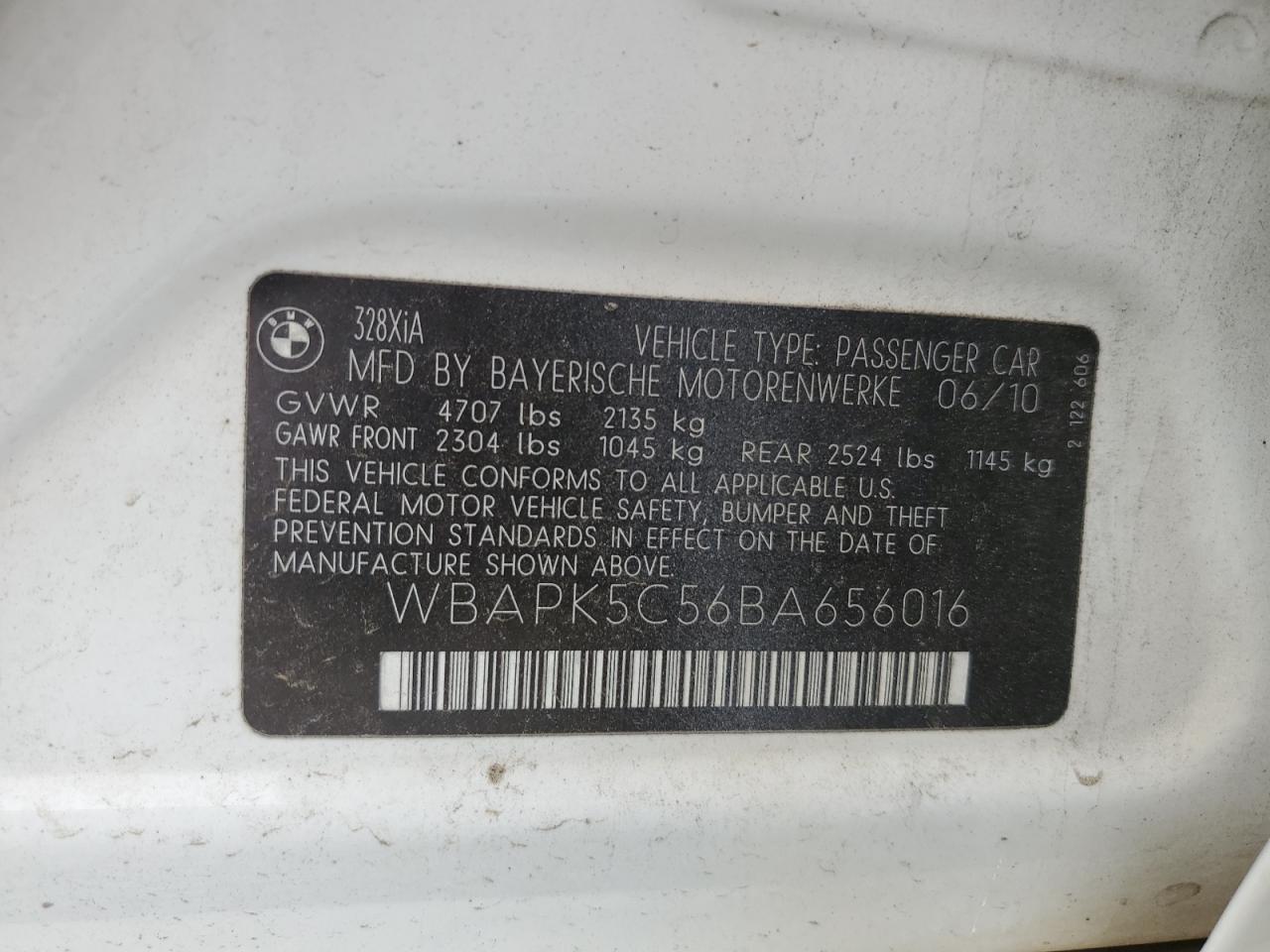 2011 BMW 328 Xi Sulev VIN: WBAPK5C56BA656016 Lot: 56149765