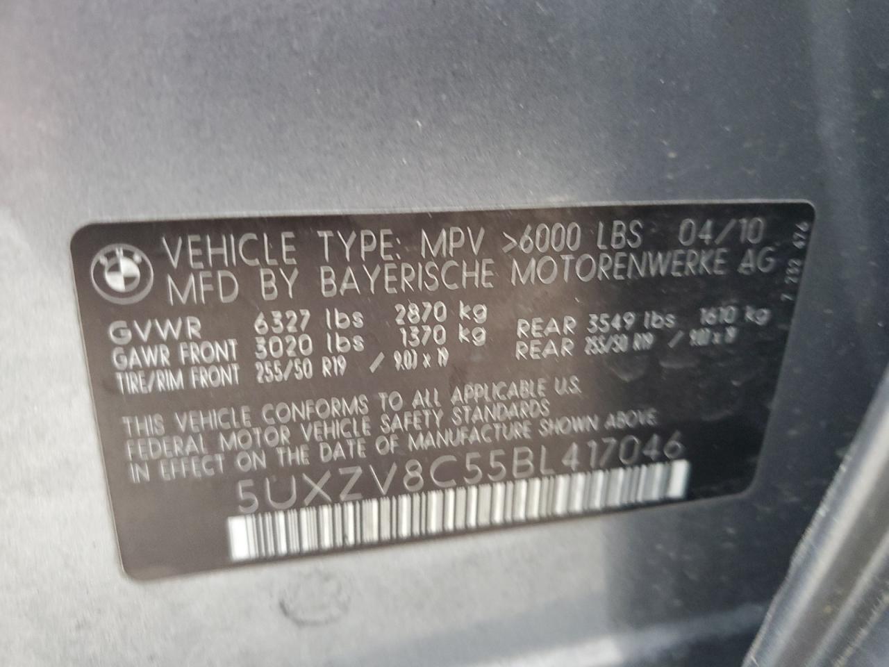 2011 BMW X5 xDrive50I VIN: 5UXZV8C55BL417046 Lot: 57145395