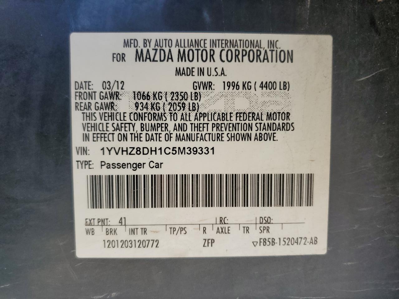 2012 Mazda 6 I VIN: 1YVHZ8DH1C5M39331 Lot: 58600515