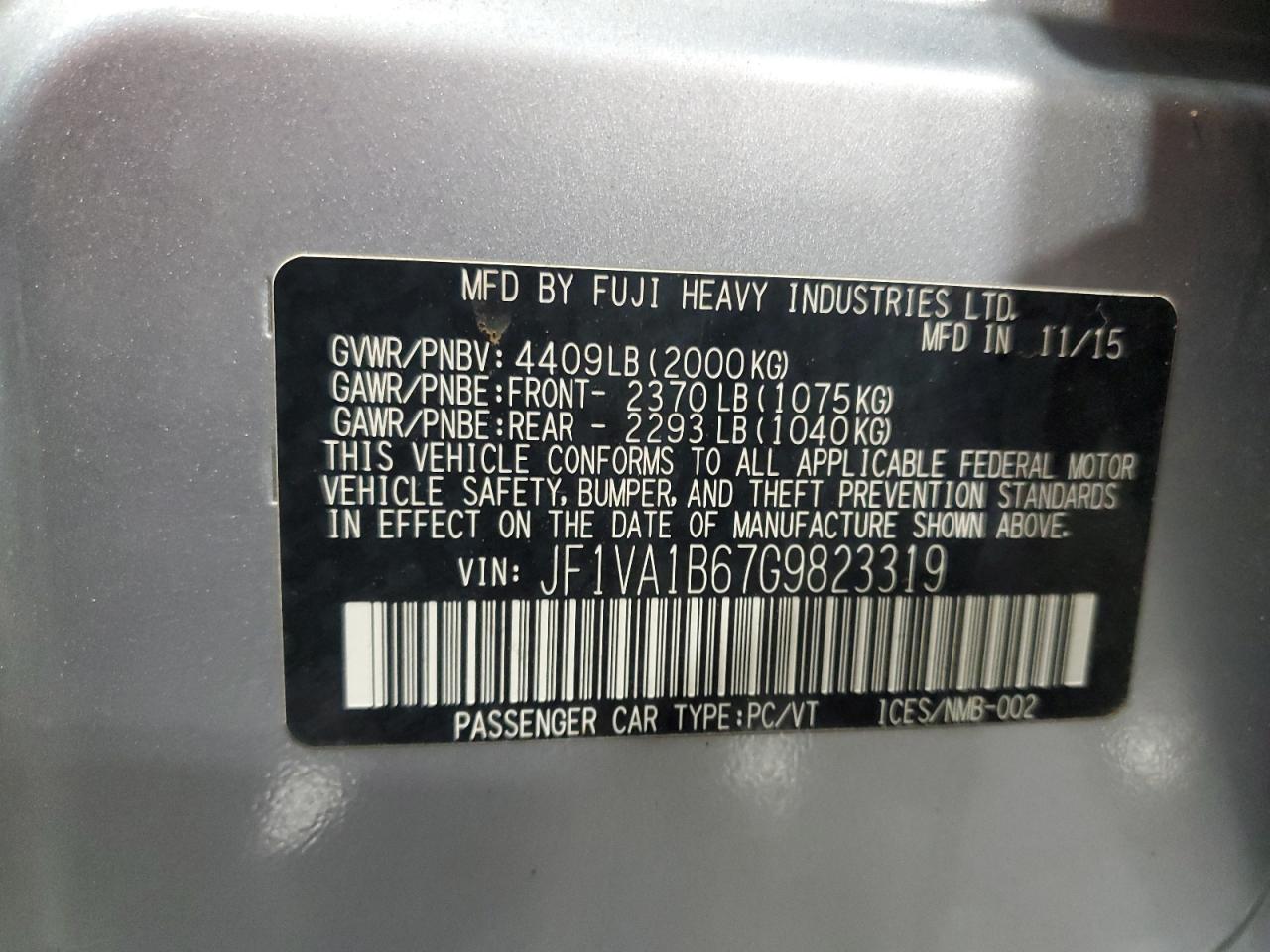 2016 Subaru Wrx VIN: JF1VA1B67G9823319 Lot: 56790565