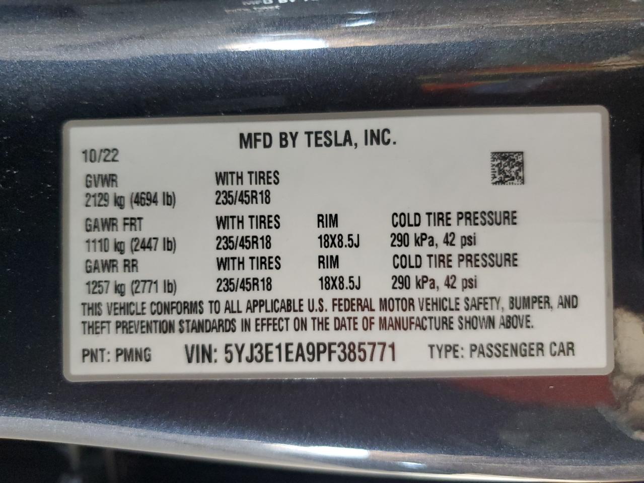 2023 Tesla Model 3 VIN: 5YJ3E1EA9PF385771 Lot: 59050945