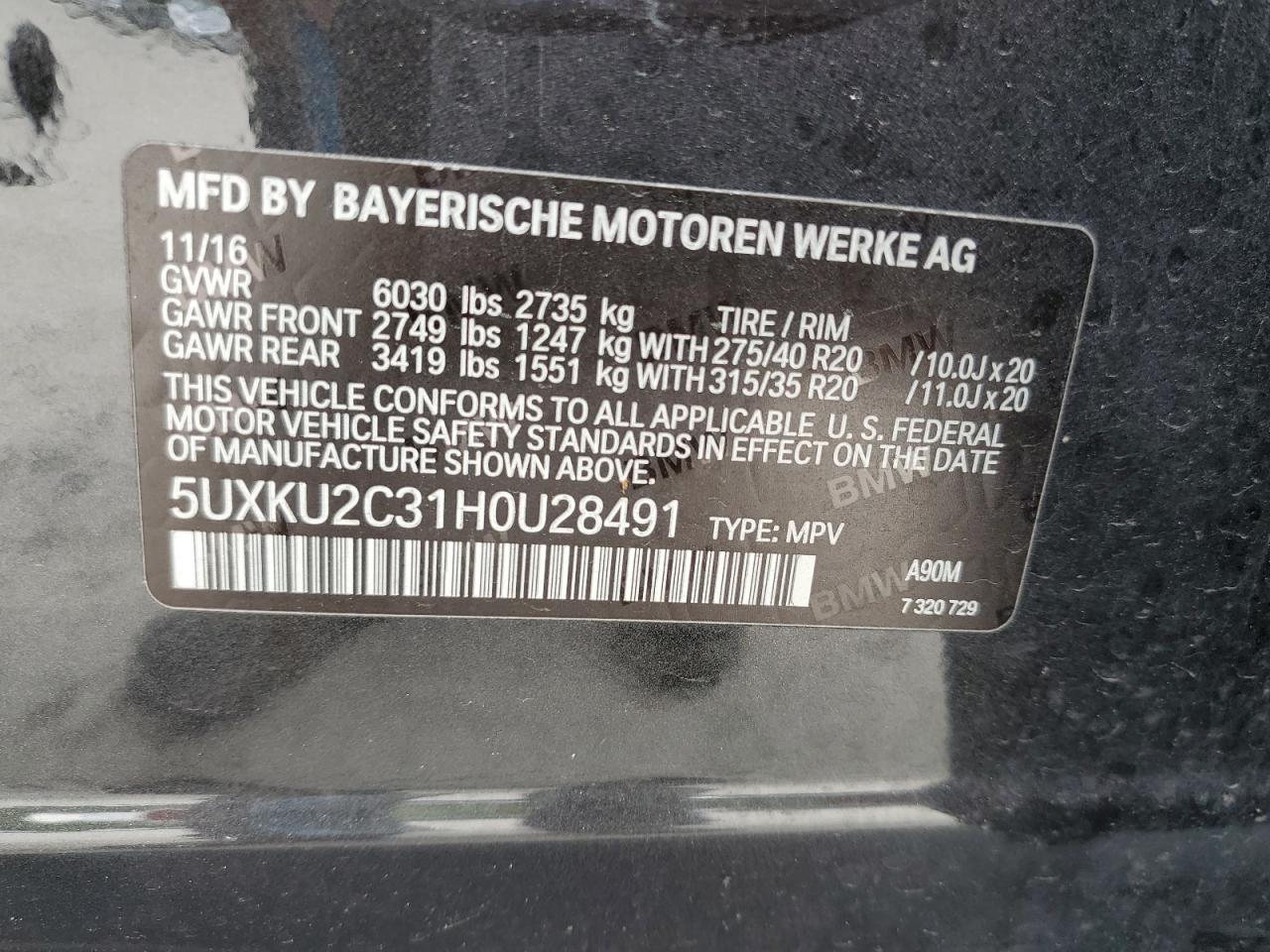 2017 BMW X6 xDrive35I VIN: 5UXKU2C31H0U28491 Lot: 56158015