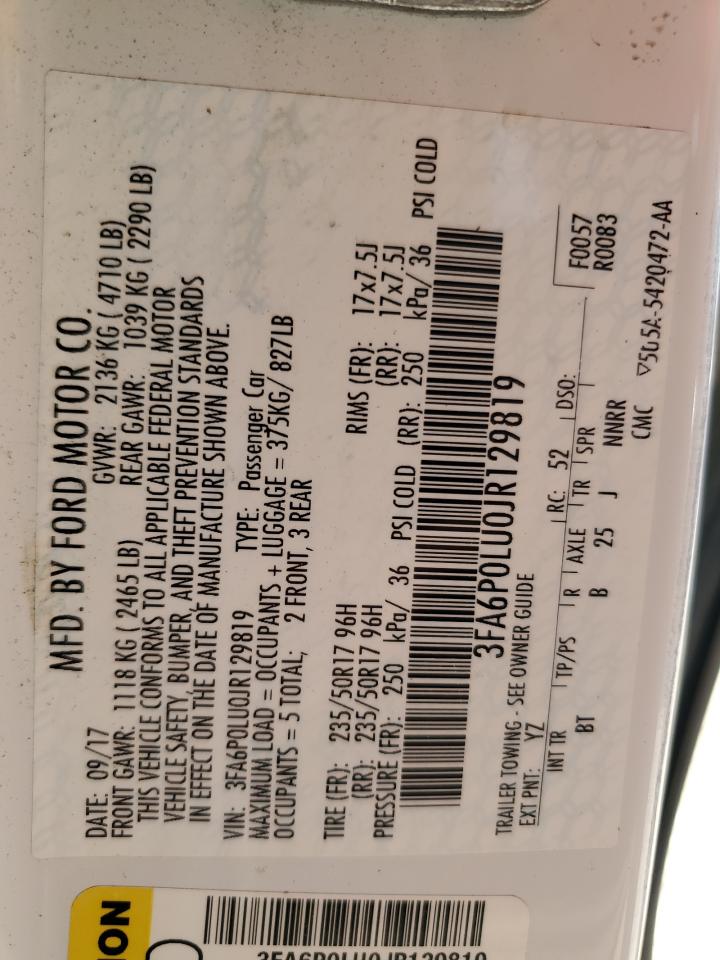 2018 Ford Fusion Se Hybrid VIN: 3FA6P0LU0JR129819 Lot: 54023445