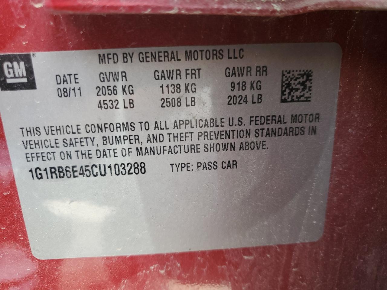 2012 Chevrolet Volt VIN: 1G1RB6E45CU103288 Lot: 56546545