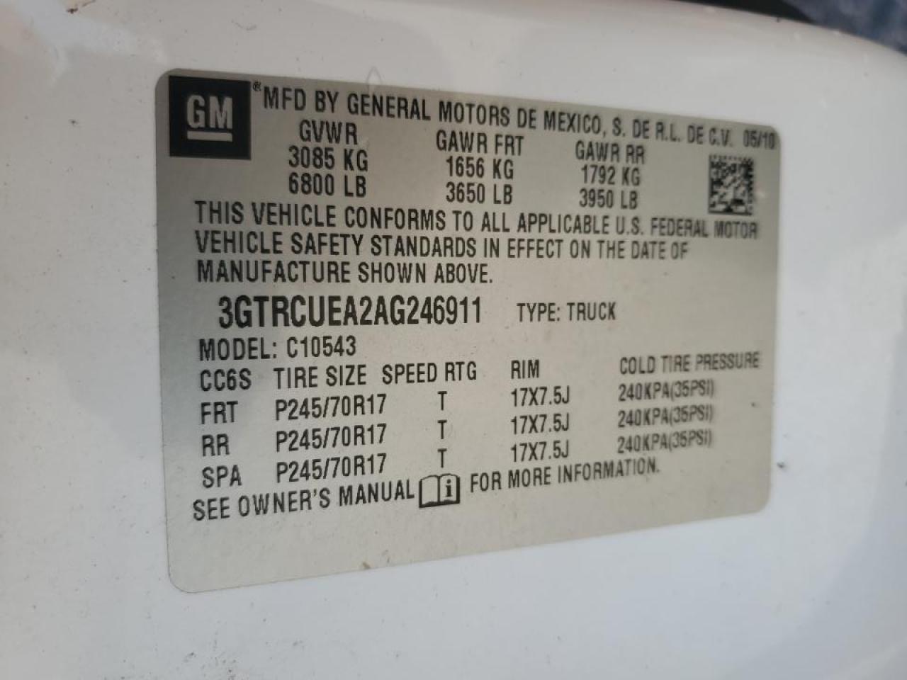 2010 GMC Sierra C1500 Sl VIN: 3GTRCUEA2AG246911 Lot: 56902355