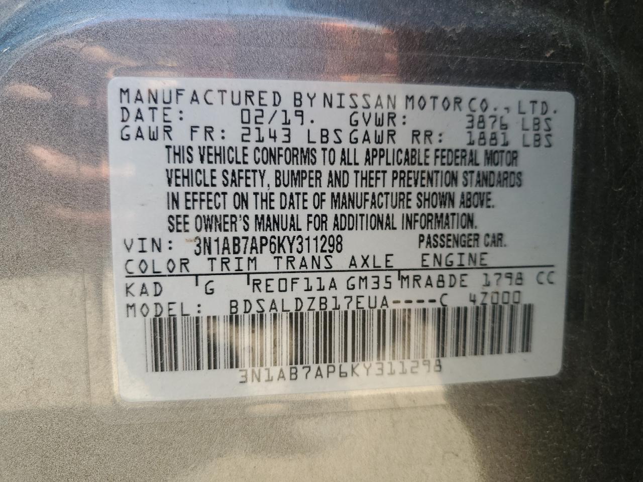 2019 Nissan Sentra S VIN: 3N1AB7AP6KY311298 Lot: 58710075