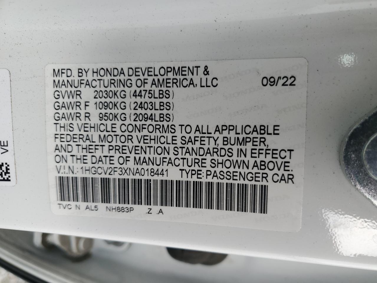 2022 Honda Accord Sport VIN: 1HGCV2F3XNA018441 Lot: 57365815