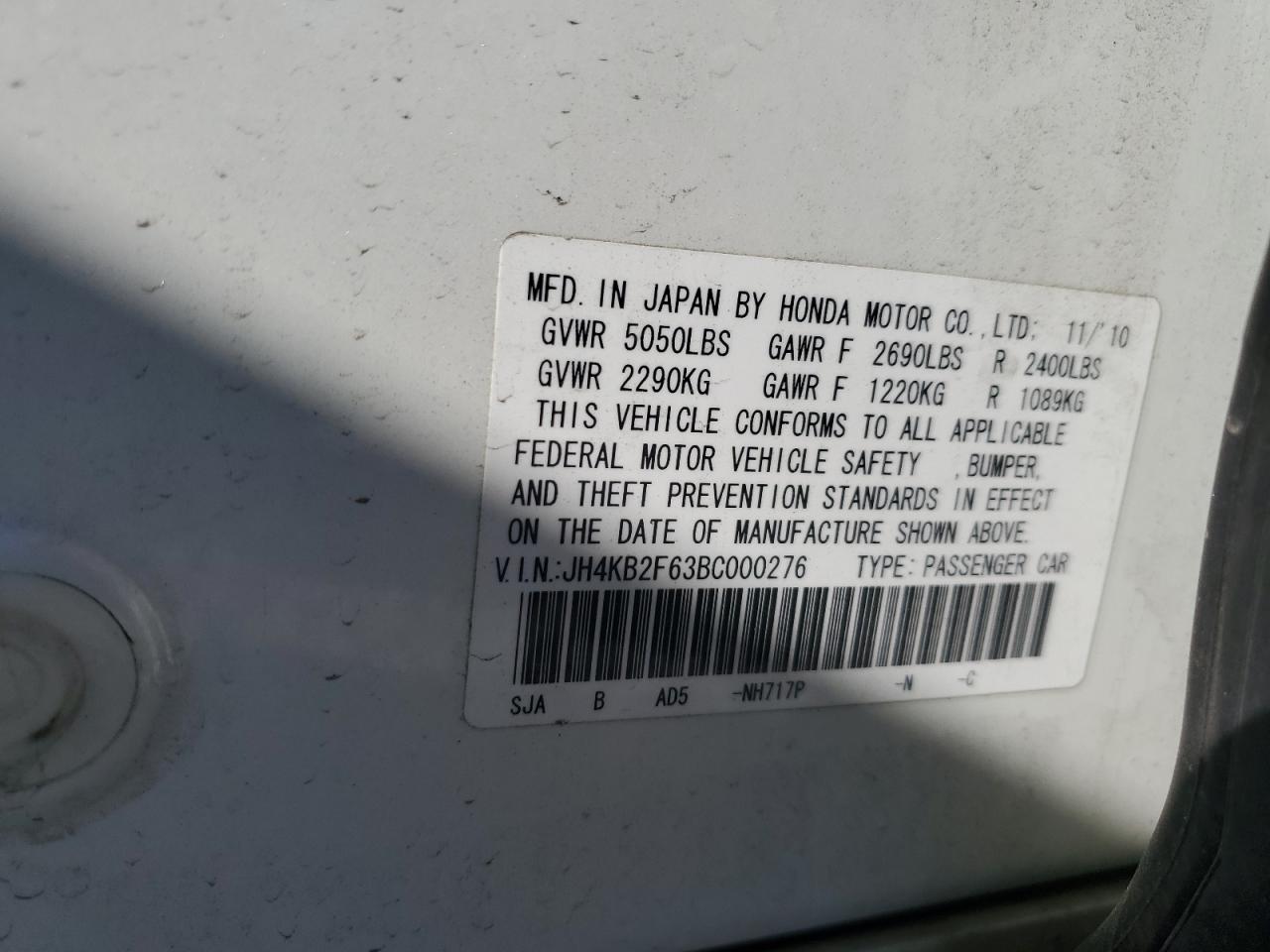2011 Acura Rl VIN: JH4KB2F63BC000276 Lot: 55860465