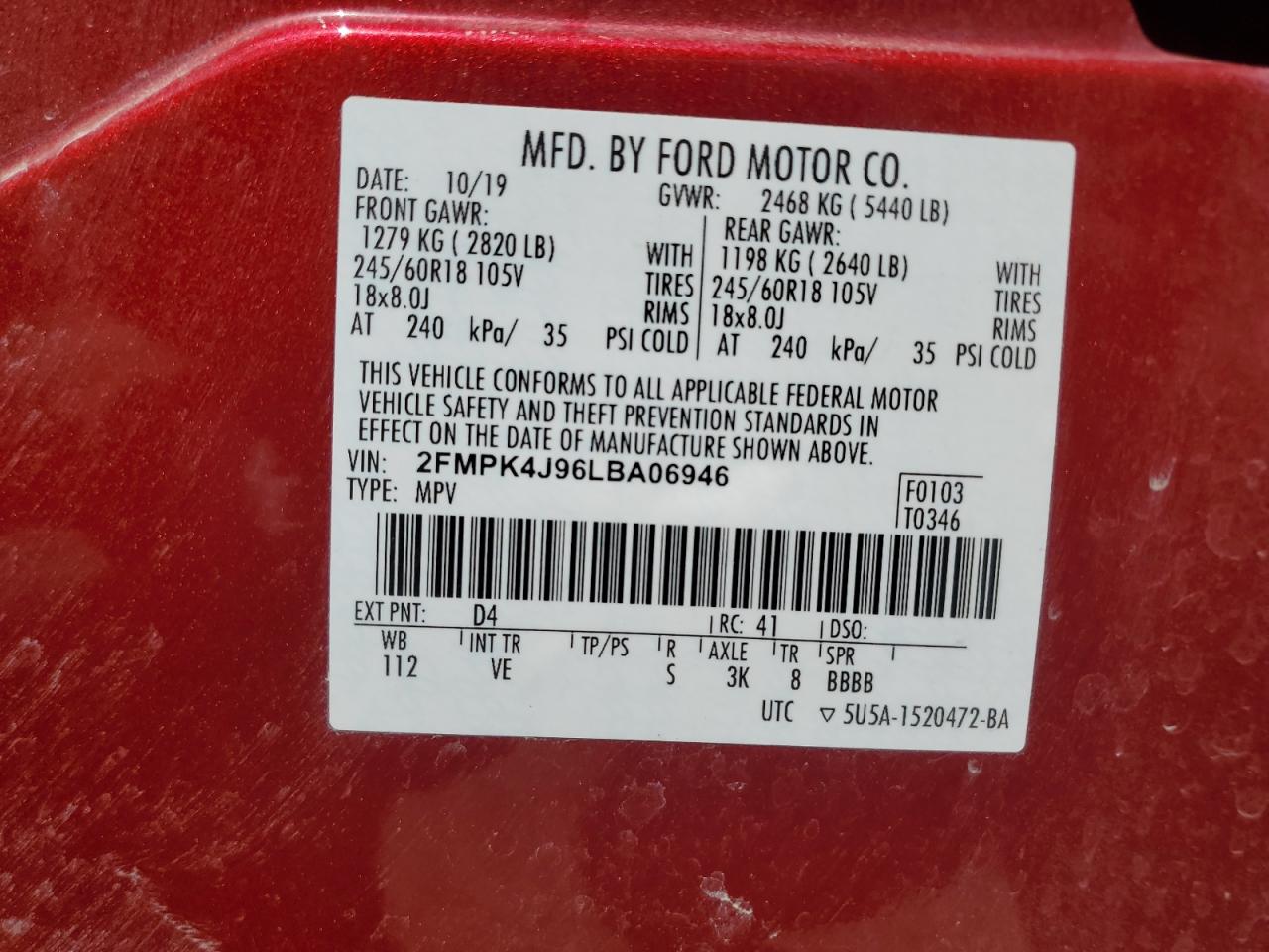 2020 Ford Edge Sel VIN: 2FMPK4J96LBA06946 Lot: 56898855